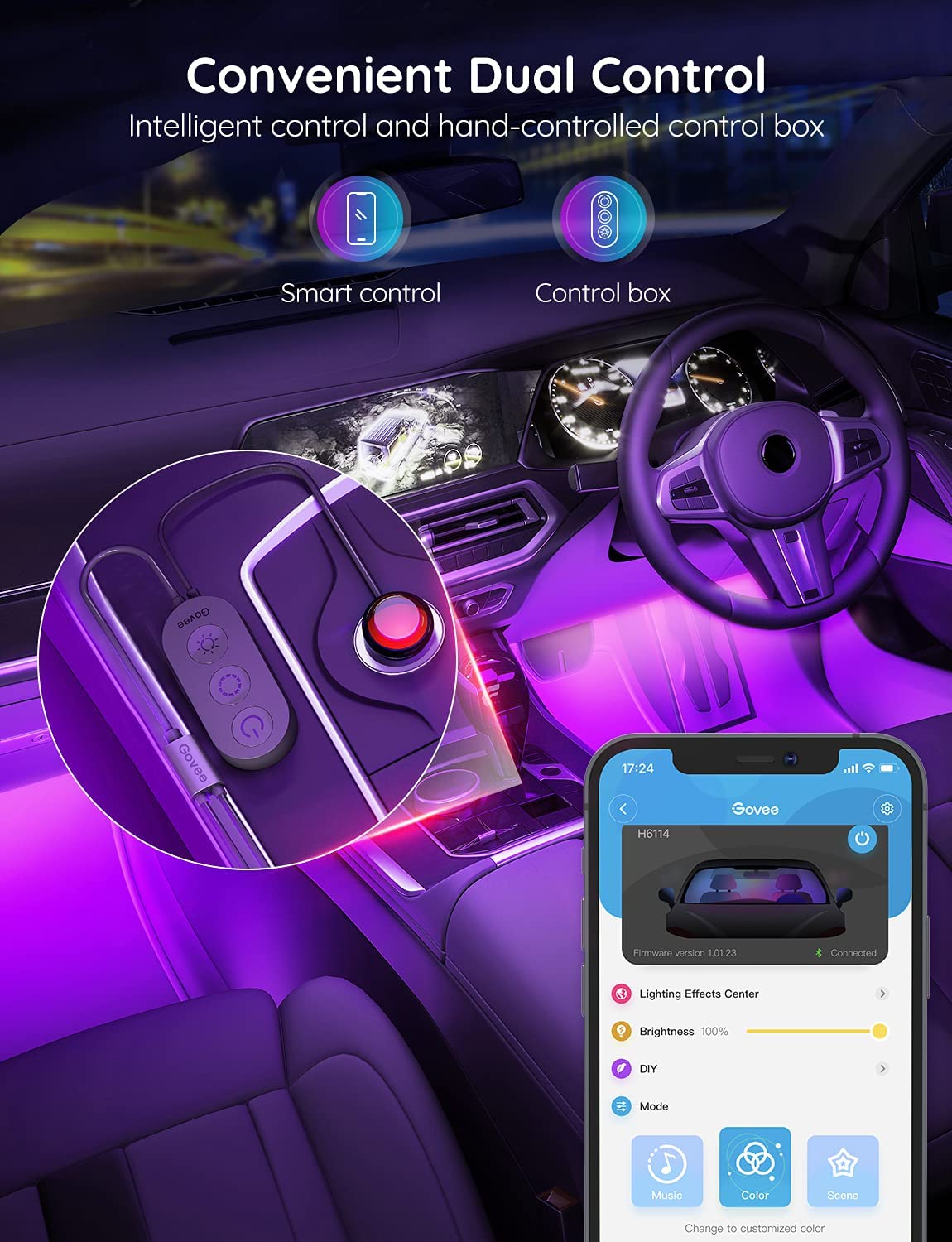 Govee Car LED Lights, Smart Interior Lights with App Control, RGB Inside Car Lights with DIY Mode and Music Mode, 2 Lines Design for Cars with Car Charger, DC 12V