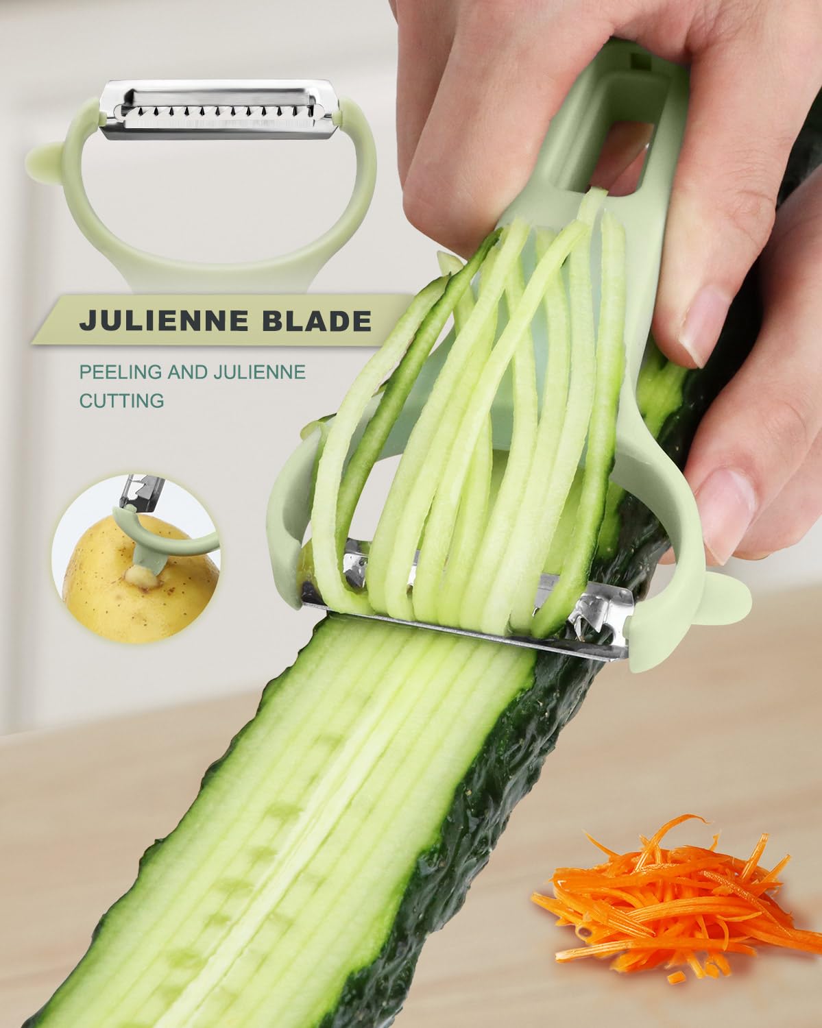 Zuacs Vegetable Peelers Kit,3 Pack Potato Slicer Julienne Peeler Fruit Cutter for Kitchen,Stainless Steel Blades Ergonomic Handle Slicer,Space Saving Dishwasher Safe (3 colour Set)