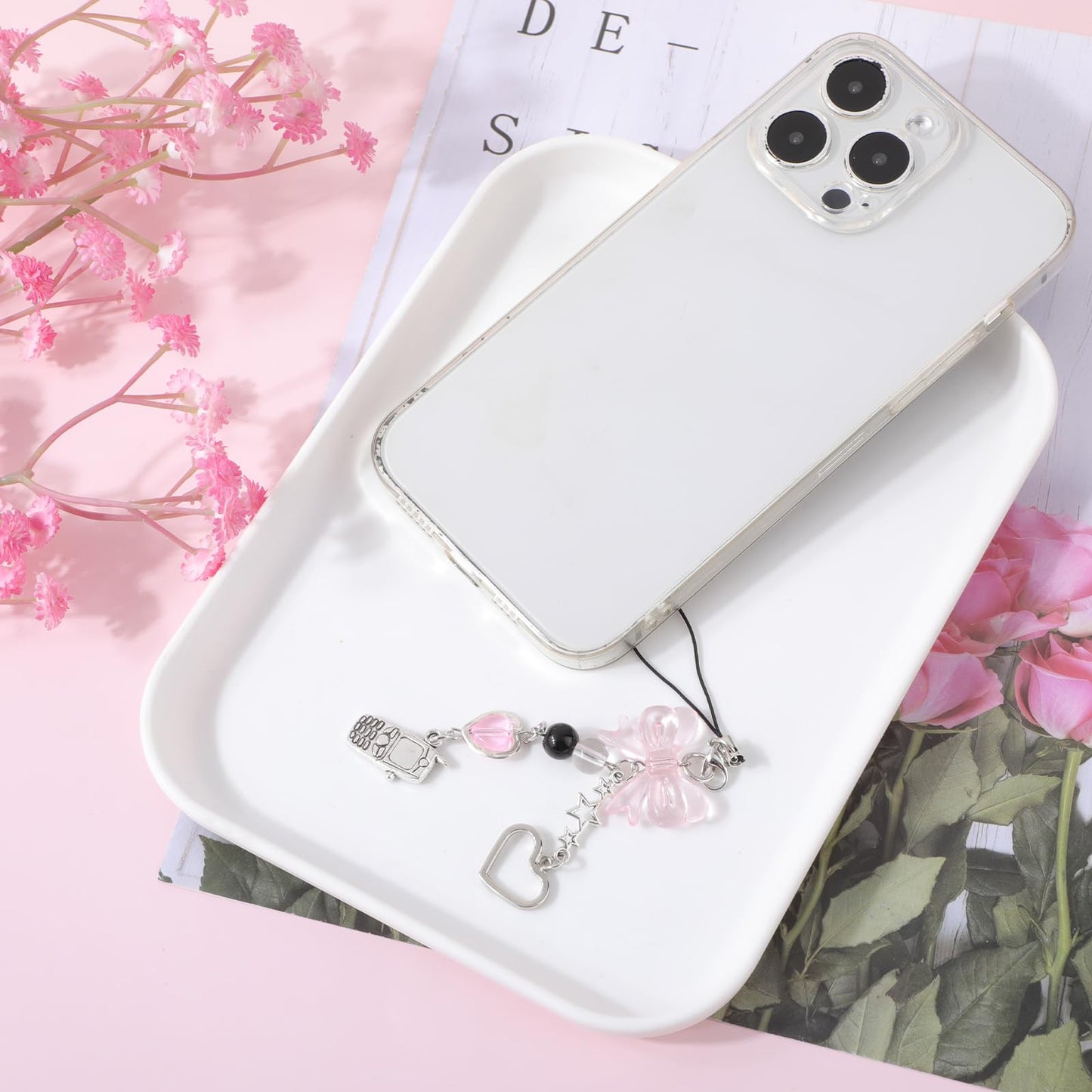 Yuanchu 2 Pcs Cute Phone Charms, Aesthetic Bowkont Mobile Phone Charms Strap Heart Cellphone Charm Lanyard for Women Keychain Backpack Wallet Camera Pendants Decor