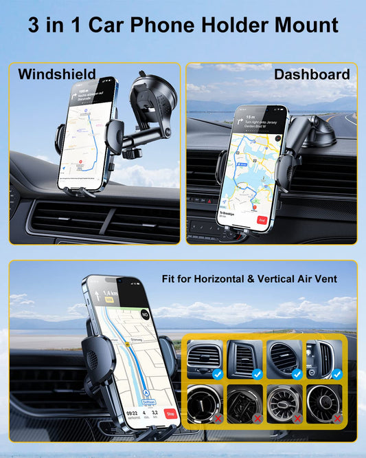 Rorhxia 3-in-1 Phone Mount for Car [2024 Most Stable and Flexible Suction Cup] Vent Dashboard Windshield Cell Phone Holder Car Fit for iPhone 15 14 13 12 Pro Max Samsung S23 S22 S21 All Phone