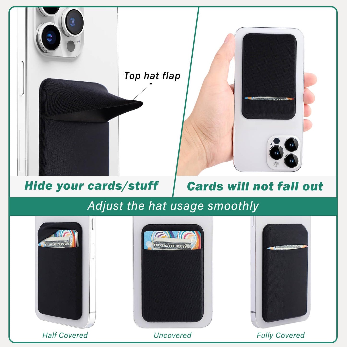 Fulgamo 3Pack Cell Phone Card Holder Pocket for Back of Phone,Stretchy Stick on Wallet Credit Card ID Case Pouch Sleeve Self Adhesive Sticker with Flap for iPhone Samsung Galaxy-2Black+1Navy Blue