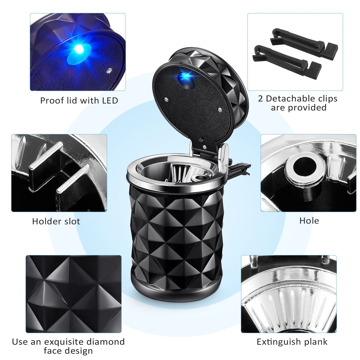 2 portavasos para coche con tapa, soporte cilíndrico portátil con luz LED azul, regalo de Navidad y Año Nuevo, mini bote de basura para coche, para la mayoría de portavasos de coche (negro)