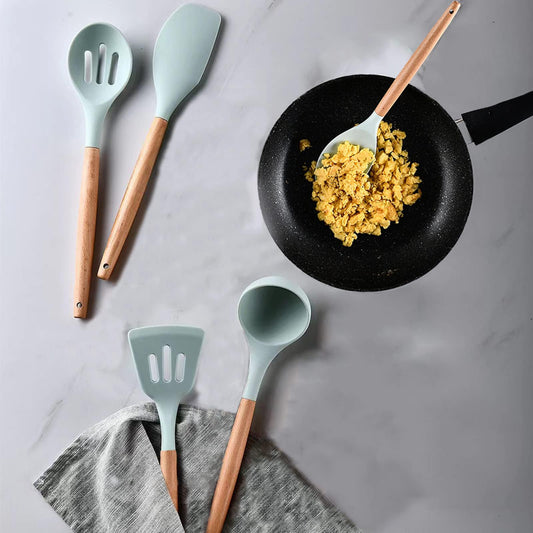 Kitchen Utensils Set, 5 Pcs Non-Stick Silicone Kitchen Cooking Utensils with Wooden Handle, Kitchen Spatula Cookware Utensils Set, Heat Resistant Silicone Kitchen Gadgets (Light Green)