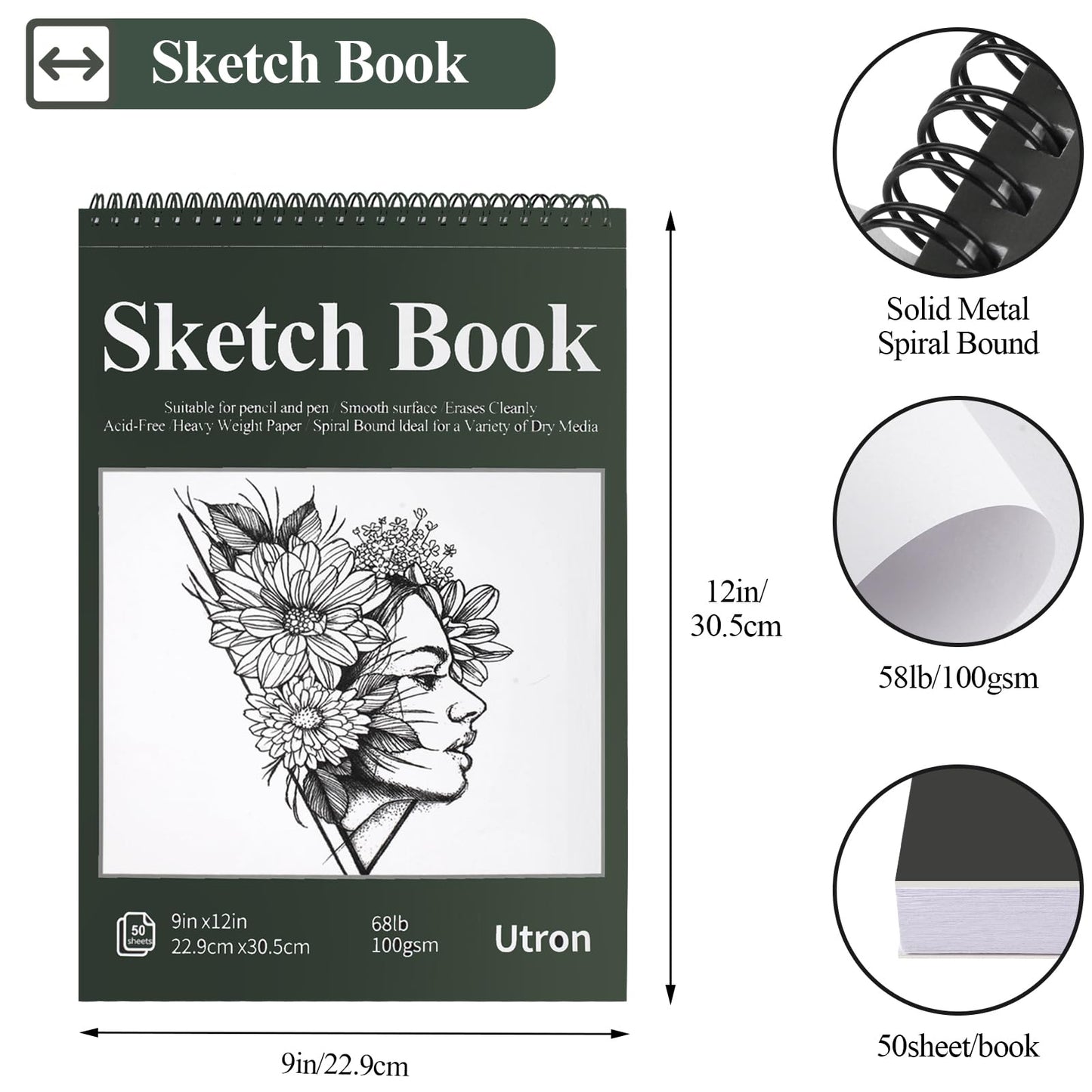 Utron 9"x12" Sketchbook Drawing, Top Spiral Sketching Pad, 100GSM/68LB Acid Free Art Sketching Pad, Drawing Paper, Beginner Artist (50 Sheets, White)