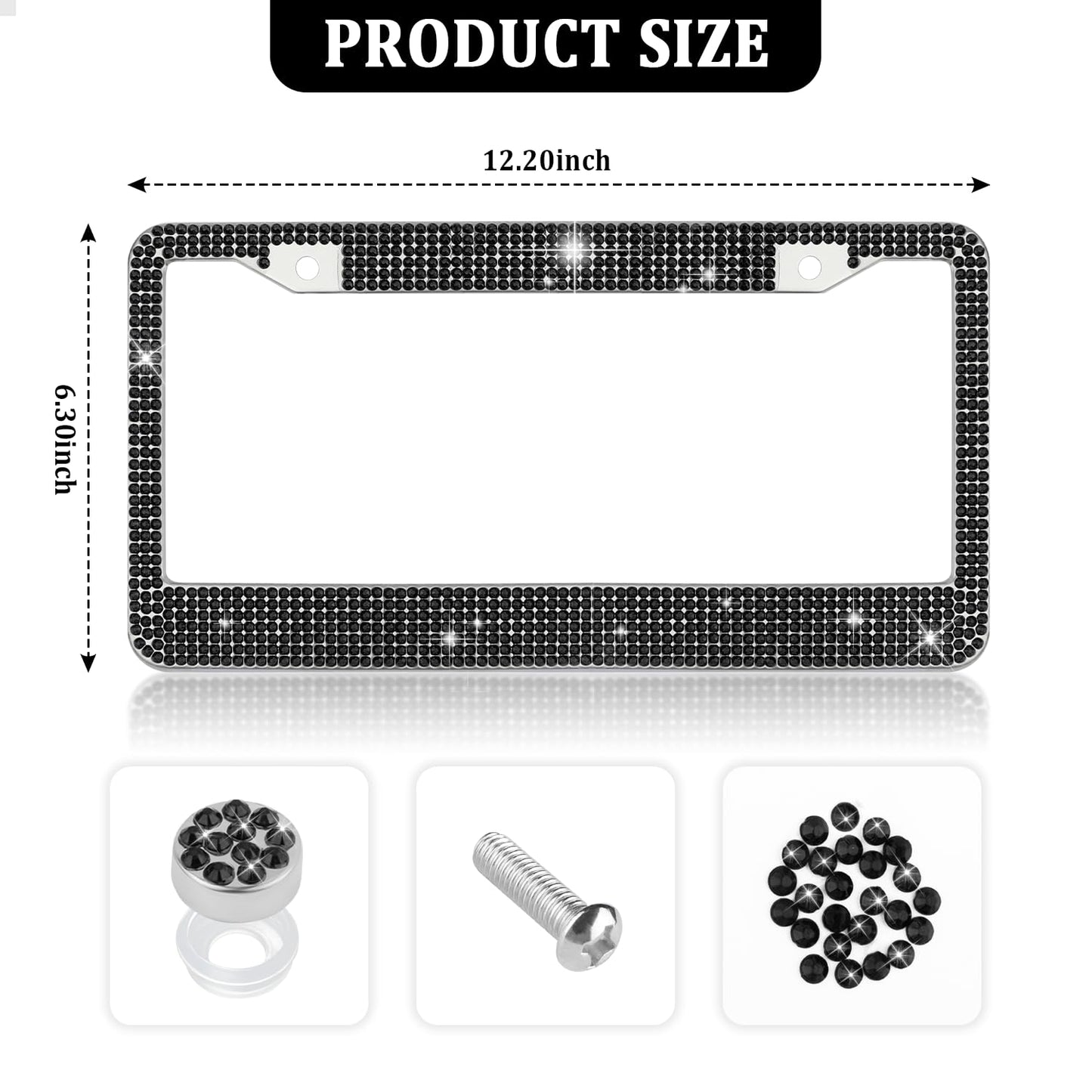 Bling Diamond License Plate Frame,Universal Stainless Steel License Plate Holder Fits U.S. Standard 2 Holes Model,Sparkle License Plate Frames Bling Car Accessories for Women (Black)