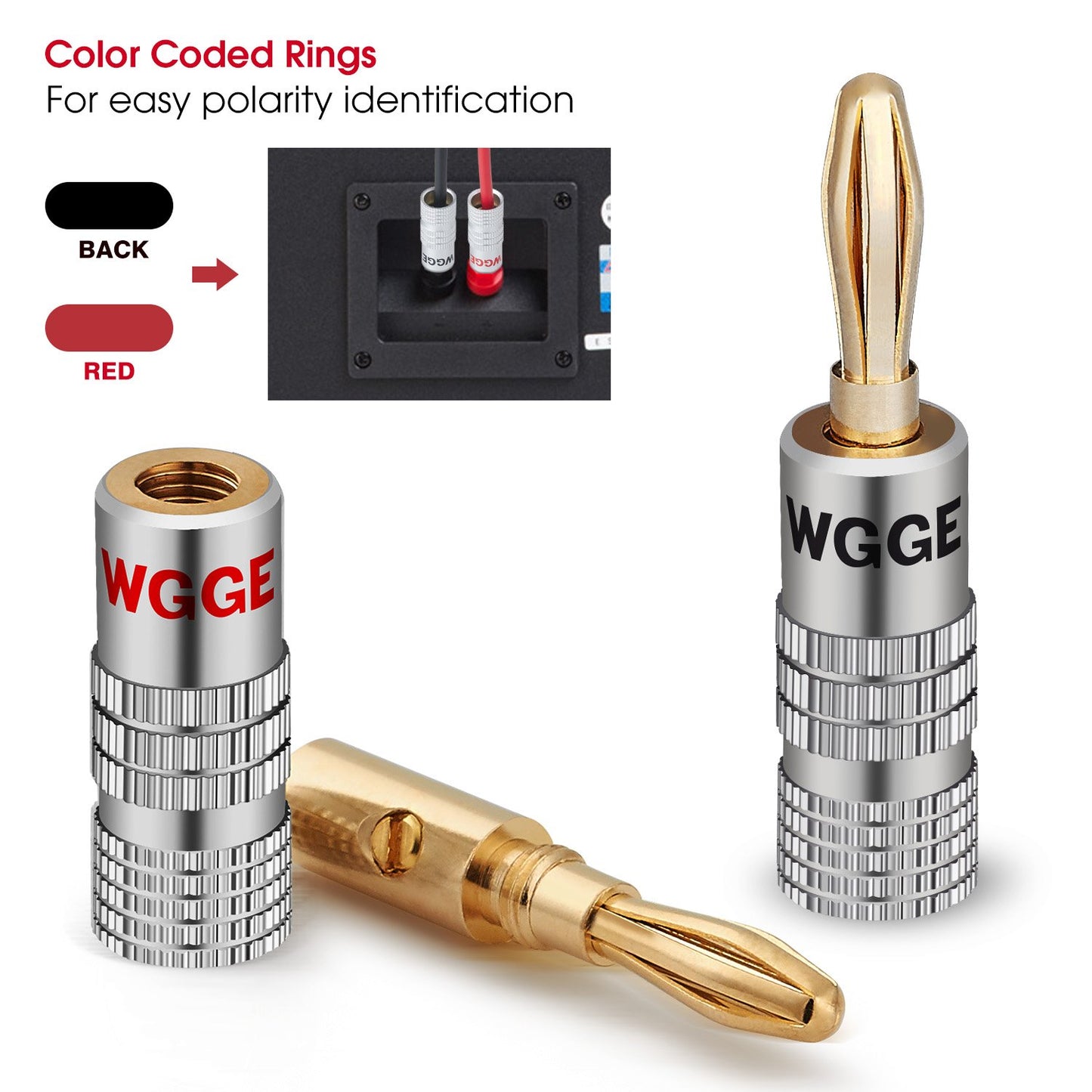 WGGE WG-009 Banana Plugs Audio Jack Connector 6 Pairs / 12 pcs, 24k Gold Dual Screw Lock Speaker Connector for Speaker Wire, Wall Plate, Home Theater, Audio/Video Receiver and Sound Systems…