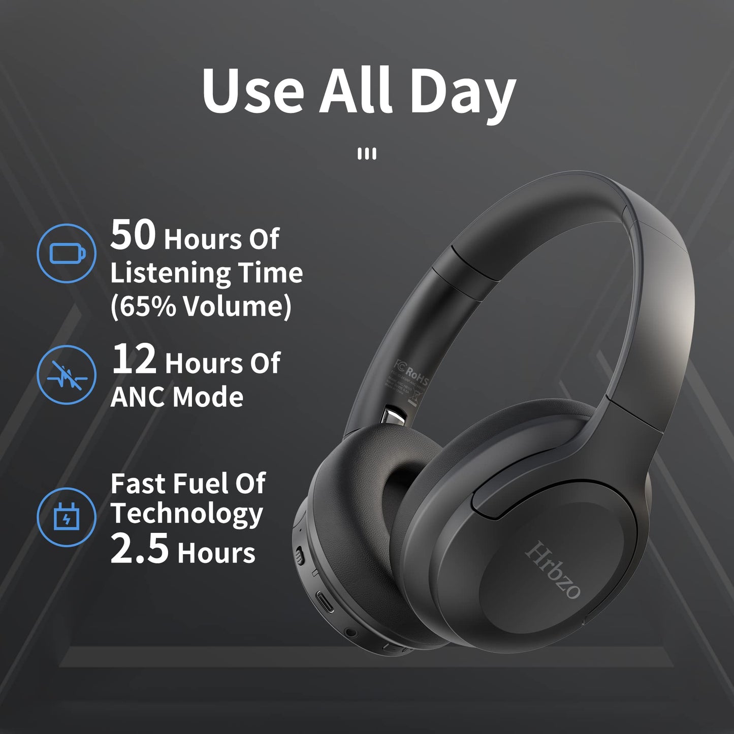 Hrbzo Wireless Headphones, 50 Hours of Playback TimeWireless Headphones with Microphone, Foldable Active Noise Canceling (ANC) Headphones for Smartphones, Tablets, Computers, MP3