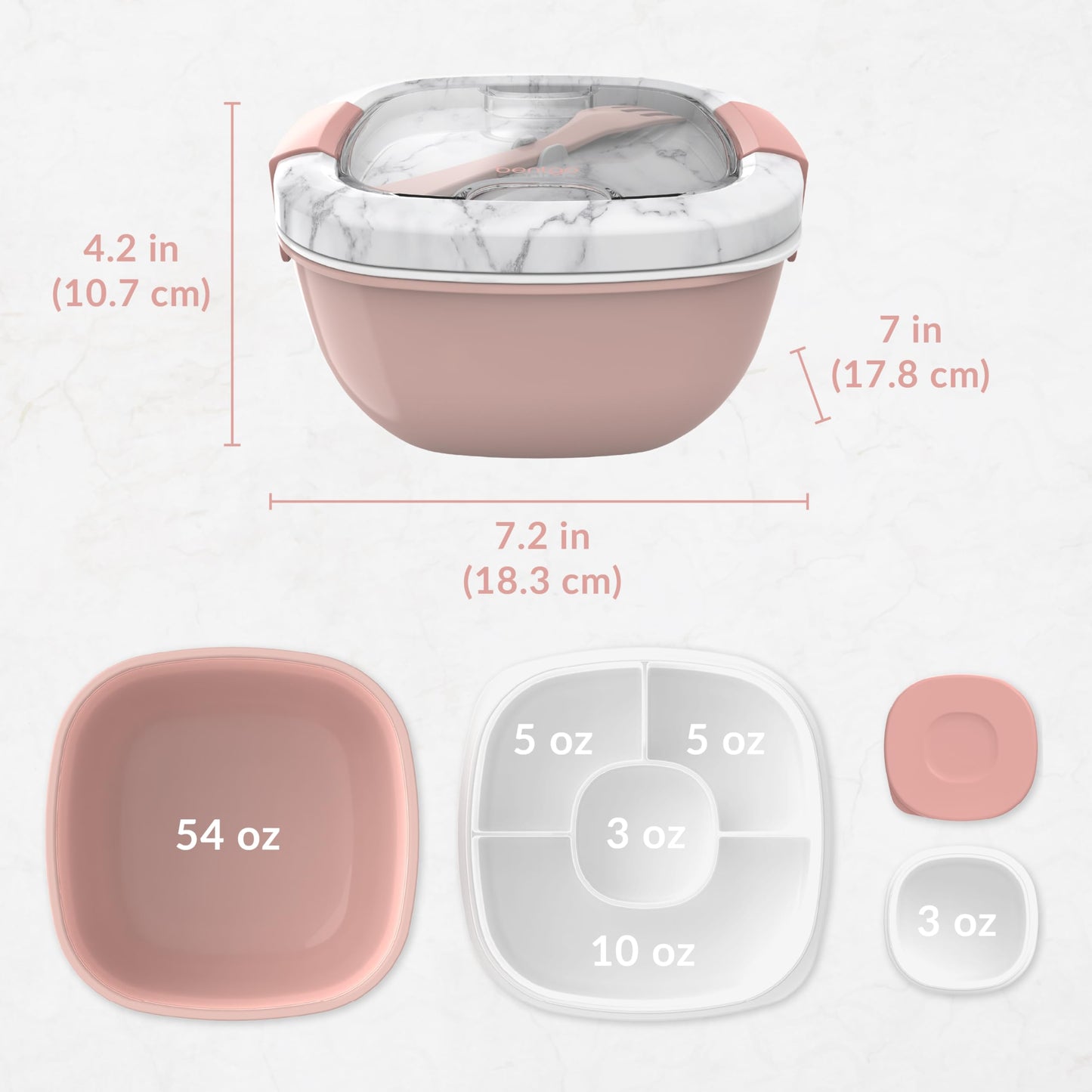 Bentgo All-in-One Salad Container - Large Salad Bowl, Bento Box Tray, Leak-Proof Sauce Container, Airtight Lid, & Fork for Healthy Adult Lunches; BPA-Free & Dishwasher/Microwave Safe (Blush Marble)