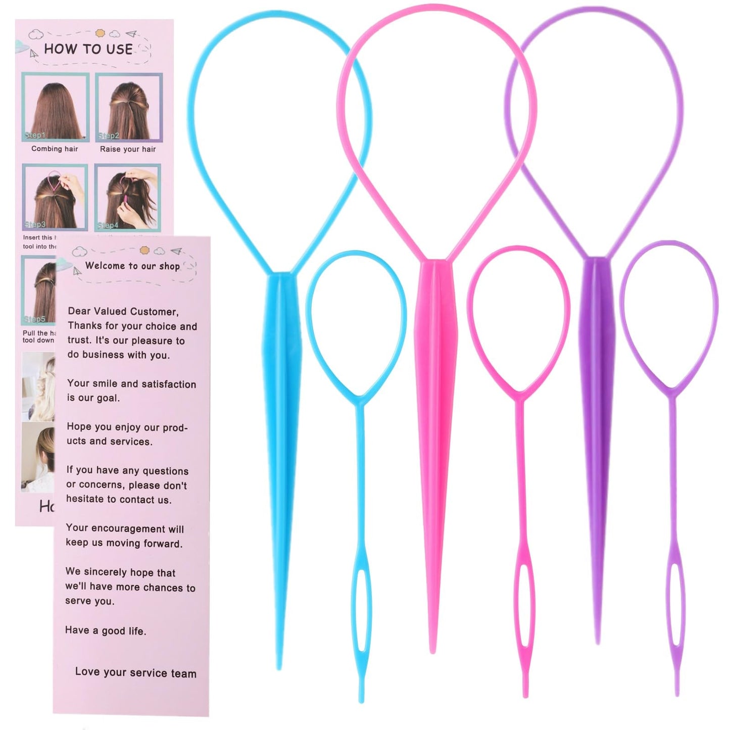 Schembo Topsy Tail Hair Tool 6pcs Hair Loop Styling Tool Set, 3 Colors Ponytail Hair Pull Through Tool, Two Sizes of Topsy Turvy Hair Tool for Women,Girls and Kids, Hair Flip Tool (pink/purple/blue)