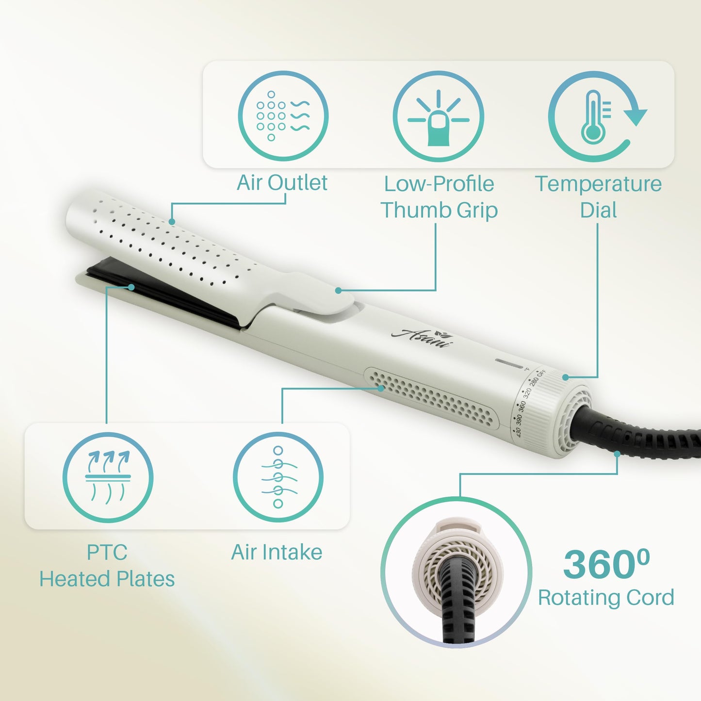 Asani 360° Airflow Styler - 2-in-1 Professional Curling Wand & Hair Straightener - Flat Iron Curler with Cooling Fan, Air Vents - Crimper Styling Tool for Volume & All-Day Curls - For All Hair (White)