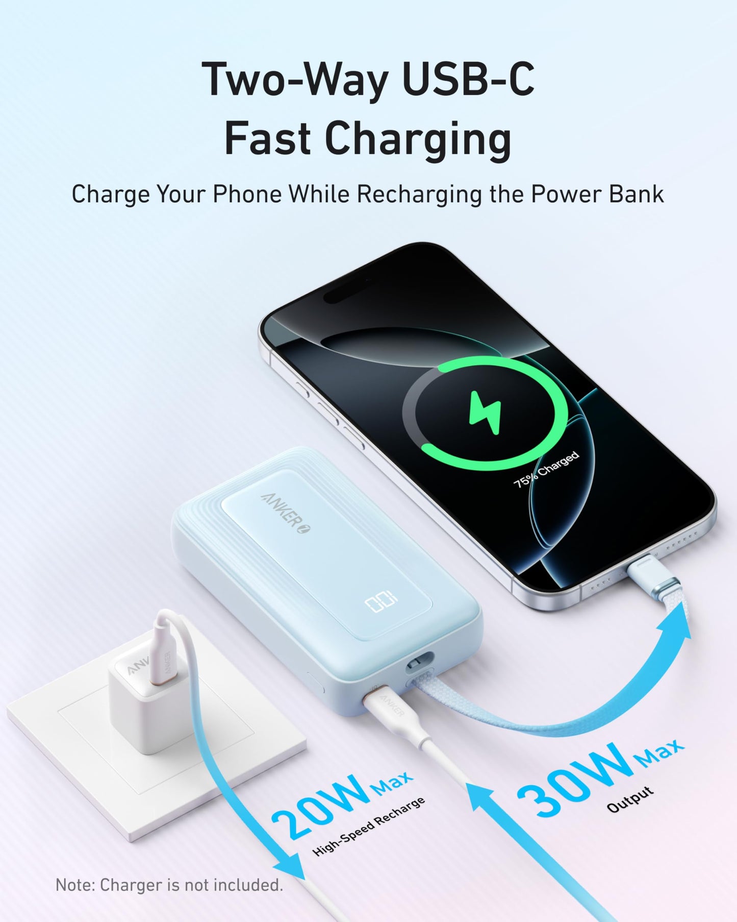 Anker Zolo Portable Charger, 10,000mAh 30W Power Bank with Built-in Lanyard USB-C Cable for Travel, Fast Charging Battery Pack for iPhone 16/15 Series, MacBook, Galaxy, iPad, and More