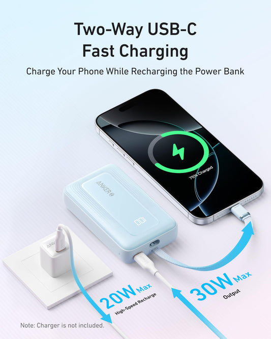 Anker Zolo Portable Charger, 10,000mAh 30W Power Bank with Built-in Lanyard USB-C Cable for Travel, Fast Charging Battery Pack for iPhone 16/15 Series, MacBook, Galaxy, iPad, and More