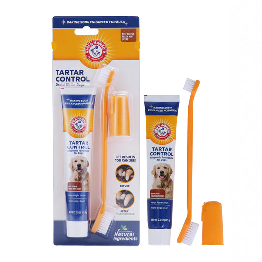 Arm & Hammer for Pets Tartar Control Kit for Dogs | Contains Toothpaste, Toothbrush & Fingerbrush | Reduces Plaque & Tartar Buildup | Safe for Puppies, 3-Piece , Beef Flavor