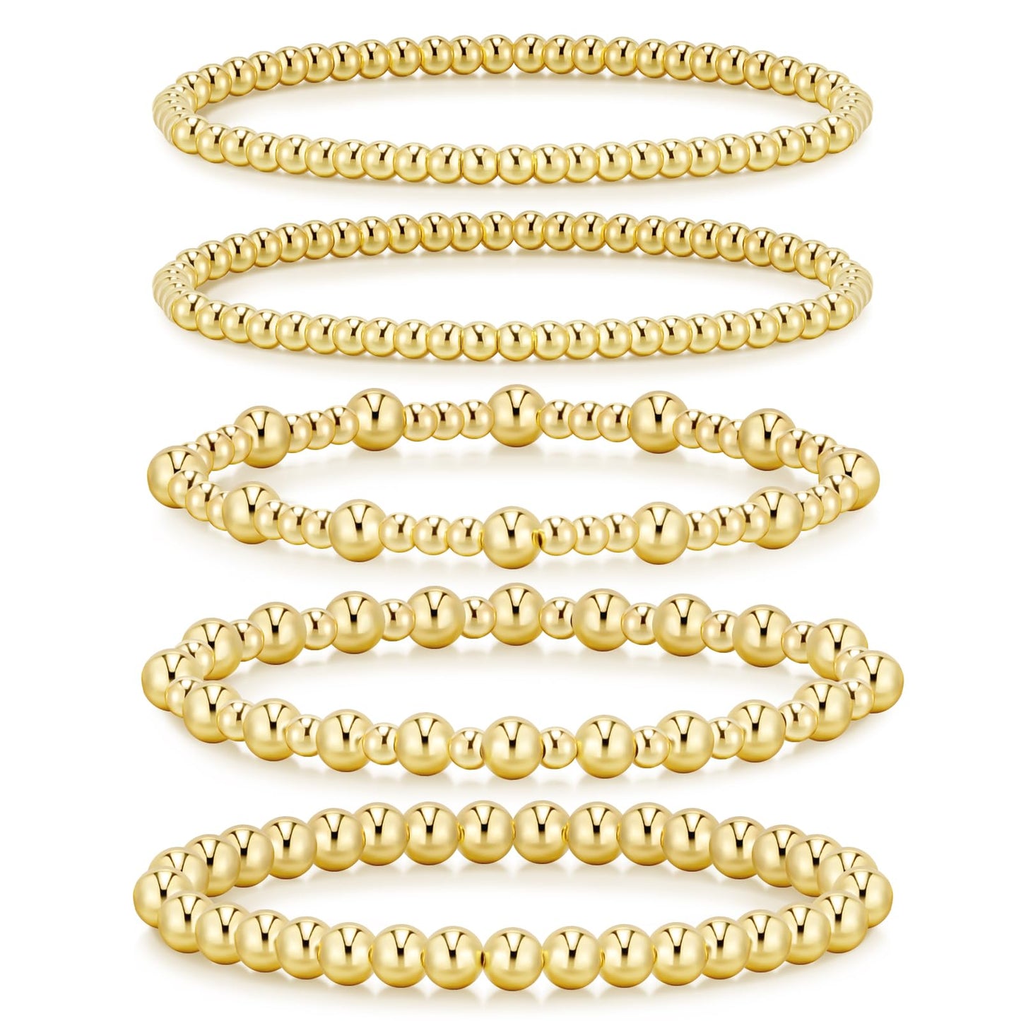 adoyi Gold Bracelets for Women, 14K Gold Plated Beaded Bracelets Stretch Bead Ball Bracelet stack Set Adjustable Bracelet Set Jewelry for Gifts (5PCS Gold-A)