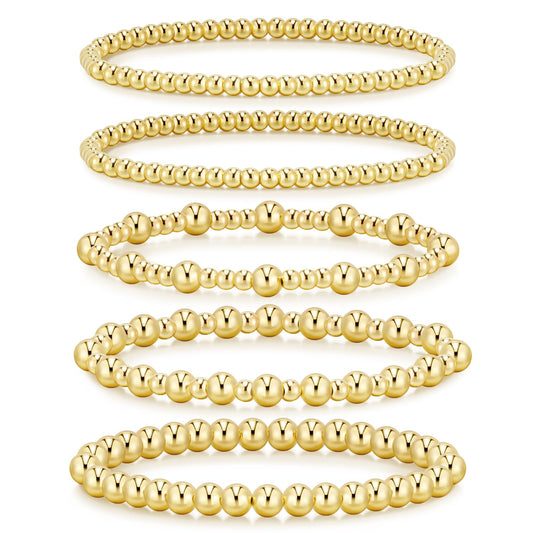 adoyi Gold Bracelets for Women, 14K Gold Plated Beaded Bracelets Stretch Bead Ball Bracelet stack Set Adjustable Bracelet Set Jewelry for Gifts (5PCS Gold-A)