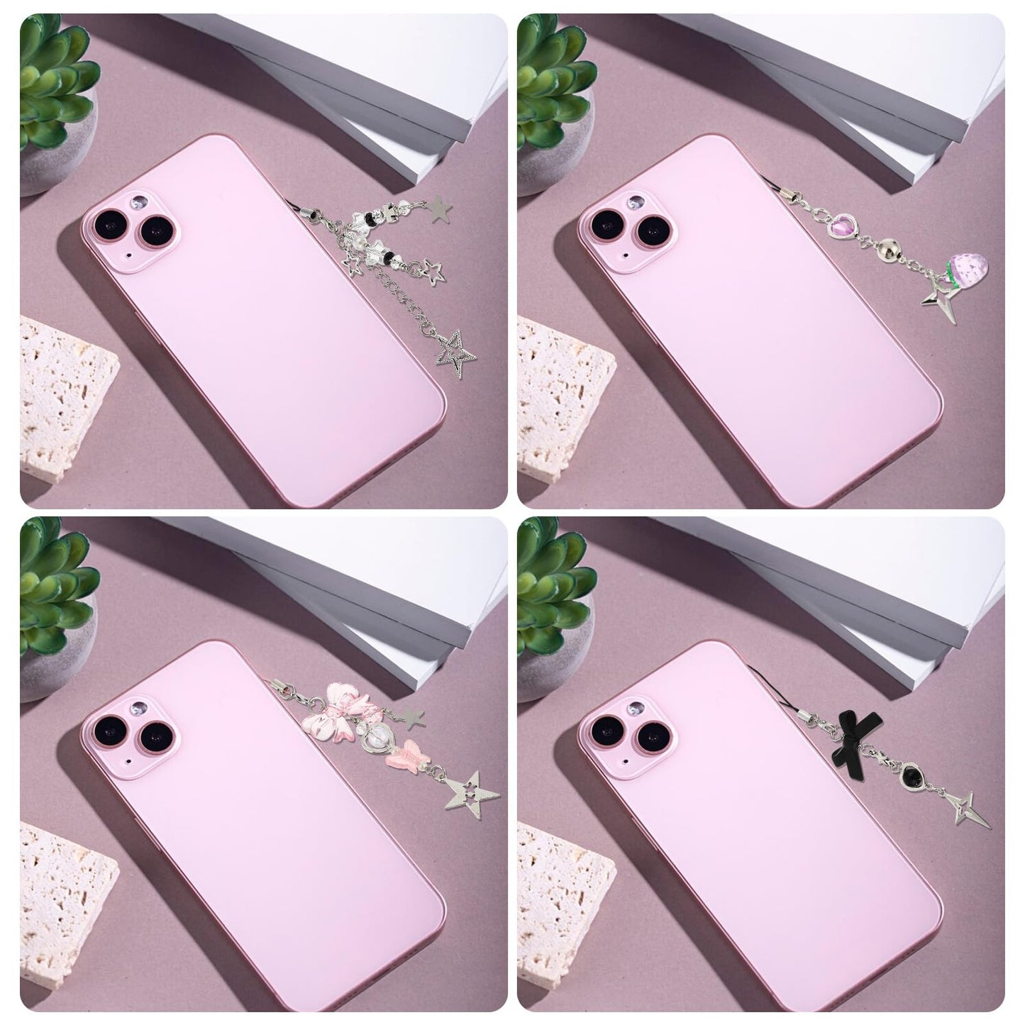 Amaxiu 4 piezas de lindos adornos para teléfono, adornos para teléfono celular, correa para teléfono móvil, colgante rosa con forma de mariposa y fresa, accesorios para teléfono, bolso, llavero, decoración para cámara