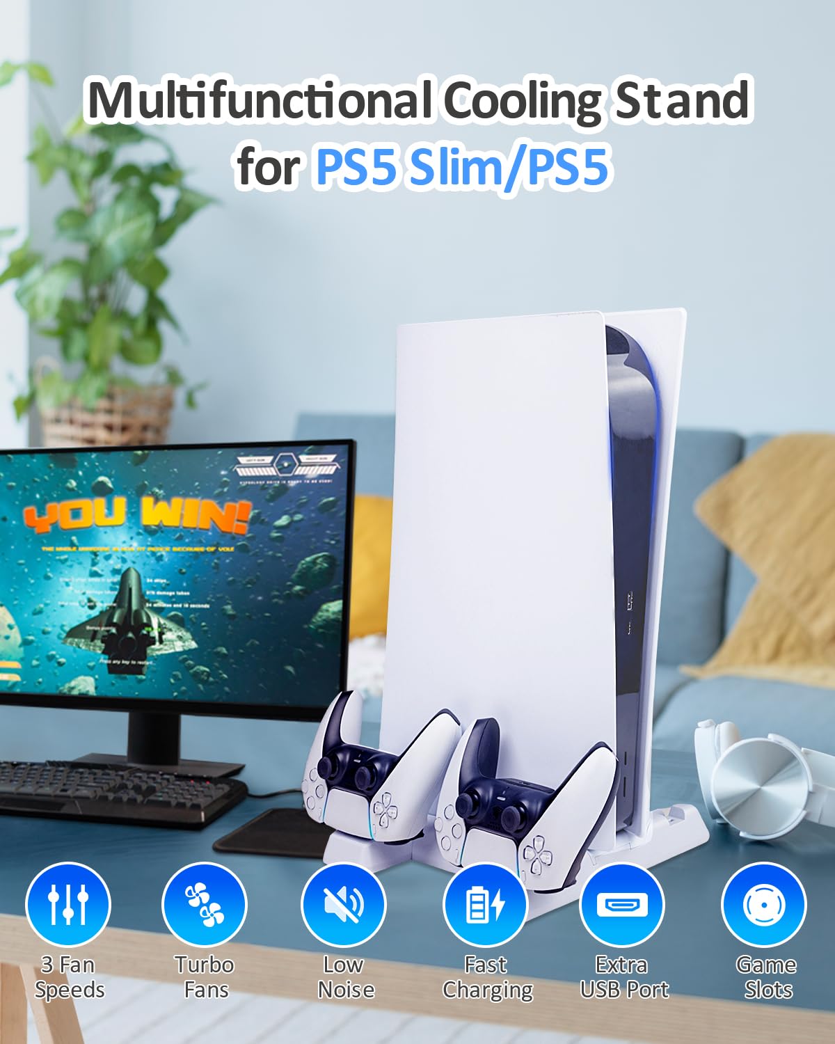 JZW-Shop Support PS5 Slim avec station de refroidissement pour PS5 Slim/PS5 Disc &amp; Digital, chargeur de contrôleur PS5 Slim avec ventilateur de refroidissement à 3 niveaux, lumière RVB, hub USB et 11 emplacements de jeu pour accessoires PS5 Slim