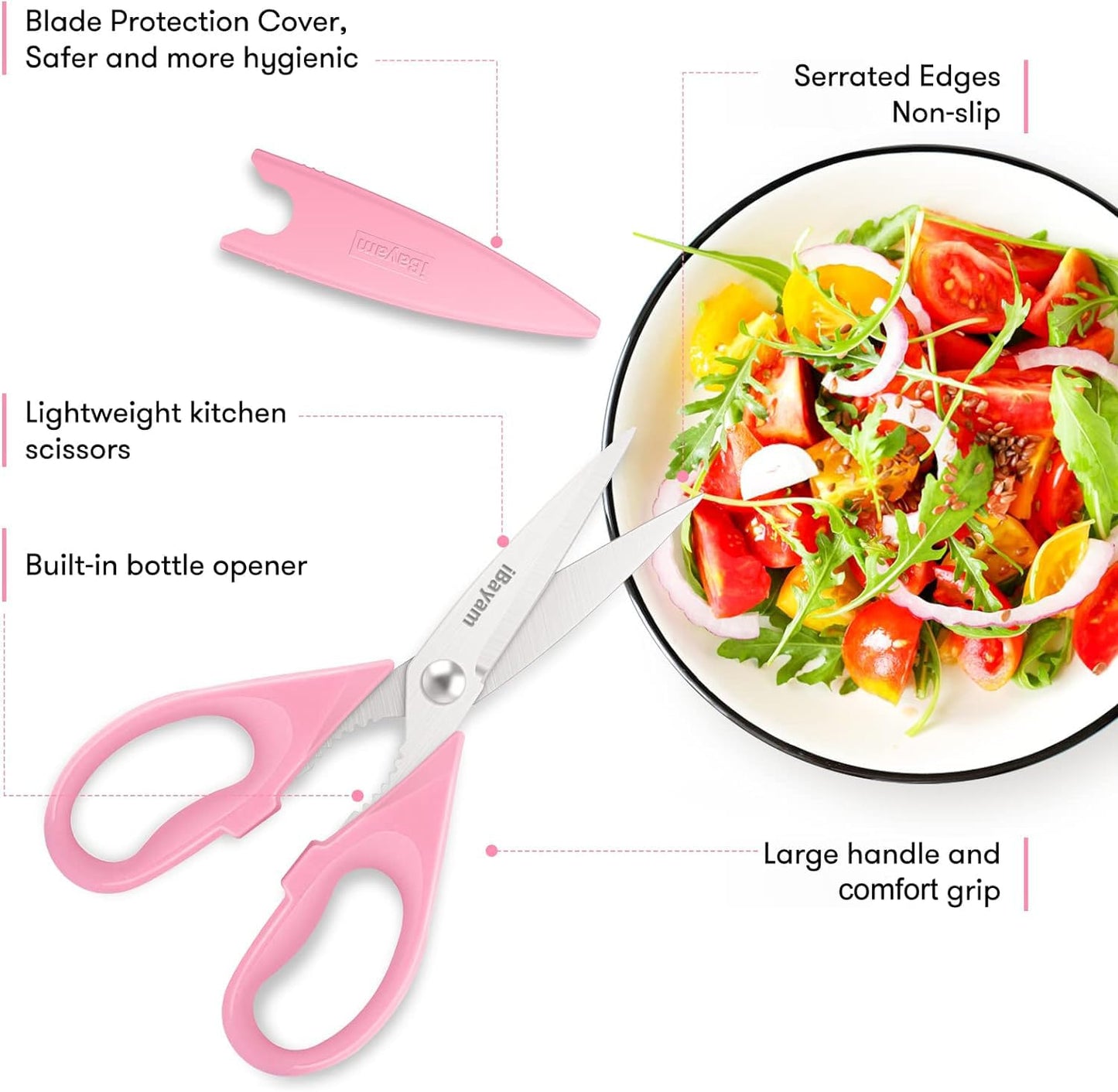 Valentines Day Gifts for Women Mom Wife Her, iBayam All Purpose Kitchen Shears 8.5" Cooking Scissors with Sheath, Pink Kitchen Accessories Household Appliances Home Essentials Kitchen Gadgets Utensils