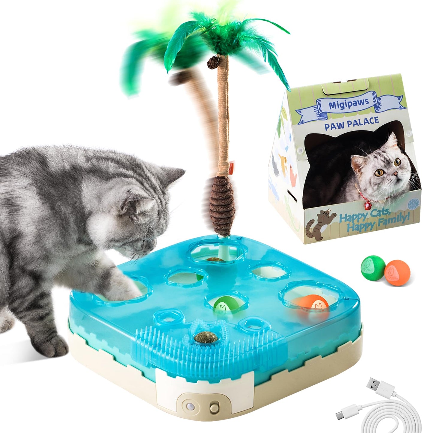 Migipaws Cat Toy,7-in-1 Automatic Interactive Kitten Toys Pack,Rolling Ball,Cat Feather Wand,Catnip Ball,Cat Self Grommer,Cardboard Cat House,Rechargeable,Paw Palace for Indoor Cats