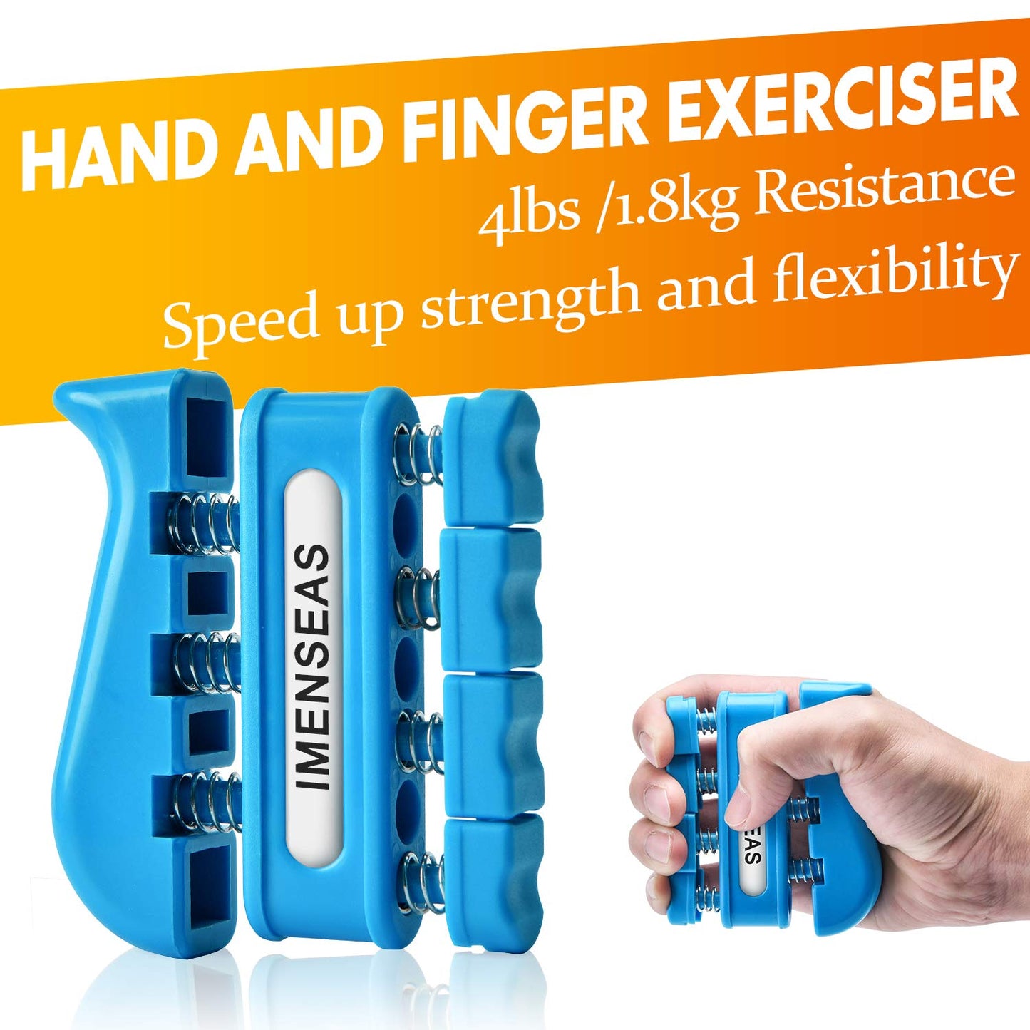 IMENSEAS Grip Strength Trainer 7 Pack Adjustable, Finger Stretcher Resistance Extensor Bands, Finger Exerciser, Hand Gripper Strength Ring & Stress Ball, Blue