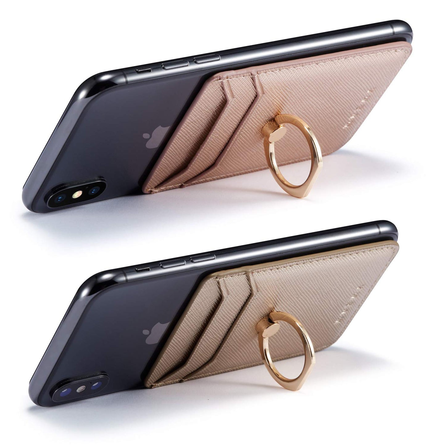 BIAJIYA Cell Phone Card Holder RFID Ring Stand Stick on Wallet Pu Leather Card Holder for Back of Phone for iPhone Android and All Smartphones (Rose/Gold)