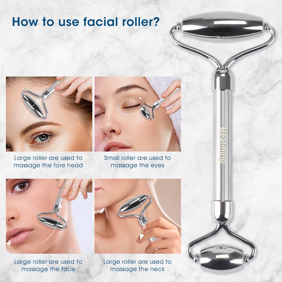 Bealihelp Face Roller & Gua Sha, Stainless Steel Facial Roller and Guasha Tool for Face, Skin Care Roller for Wrinkles and Lifting, Improve Puffiness, Metal Face Massager for Eyes, Neck Tighten