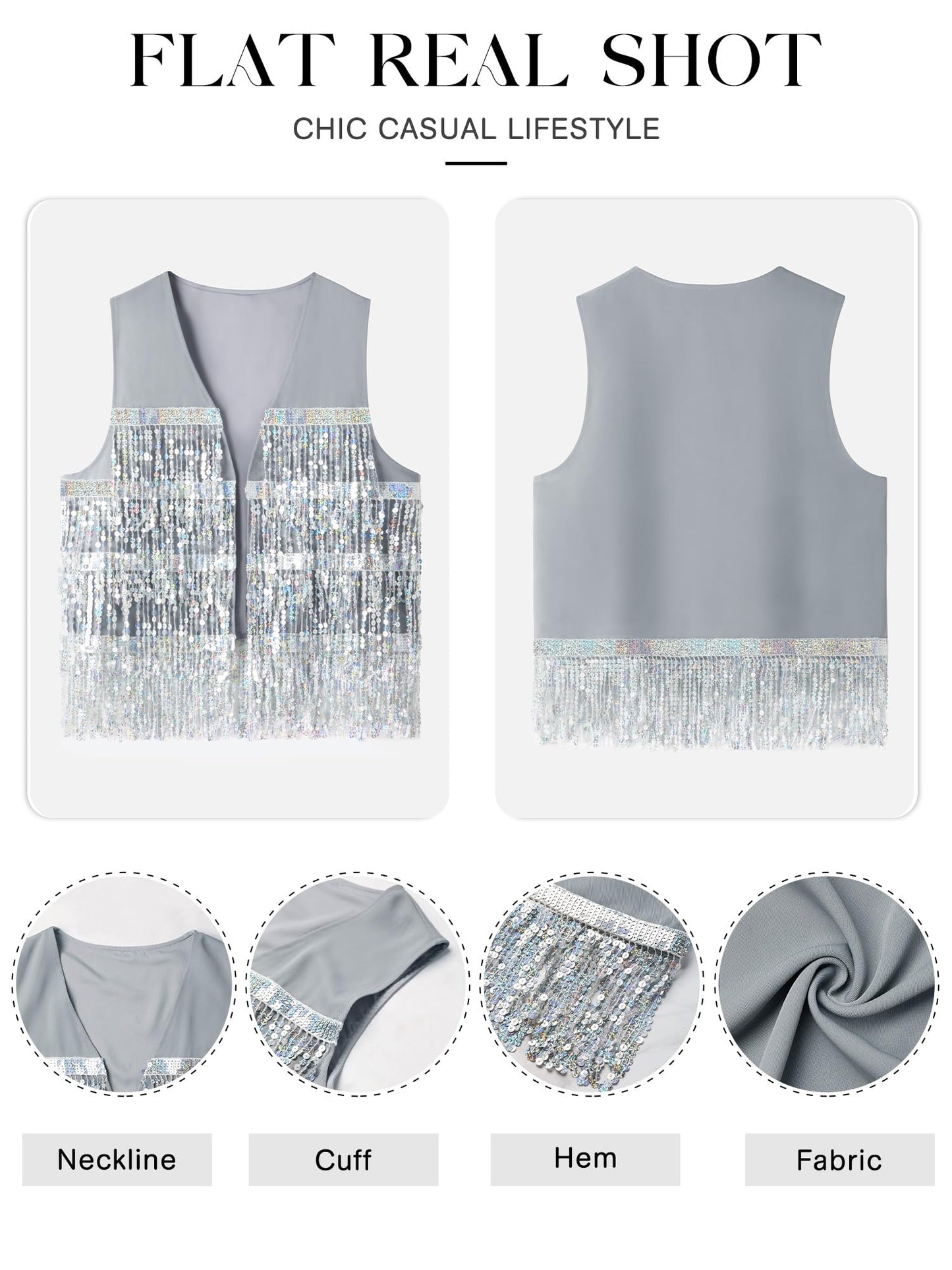 ZXZY Womens Sequin Fringe Sleeveless Vest Sparkly Lightweight Fitted Jacket Cardigan Silver