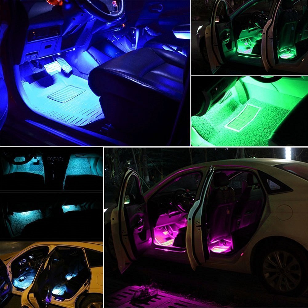 Tira de luces LED para coche, Uniwit, 4 piezas, 12 V CC, 72 LED, multicolor, luz musical para interior de coche, kit de iluminación LED debajo del salpicadero con función de activación por sonido y control remoto inalámbrico, incluye cargador para coche