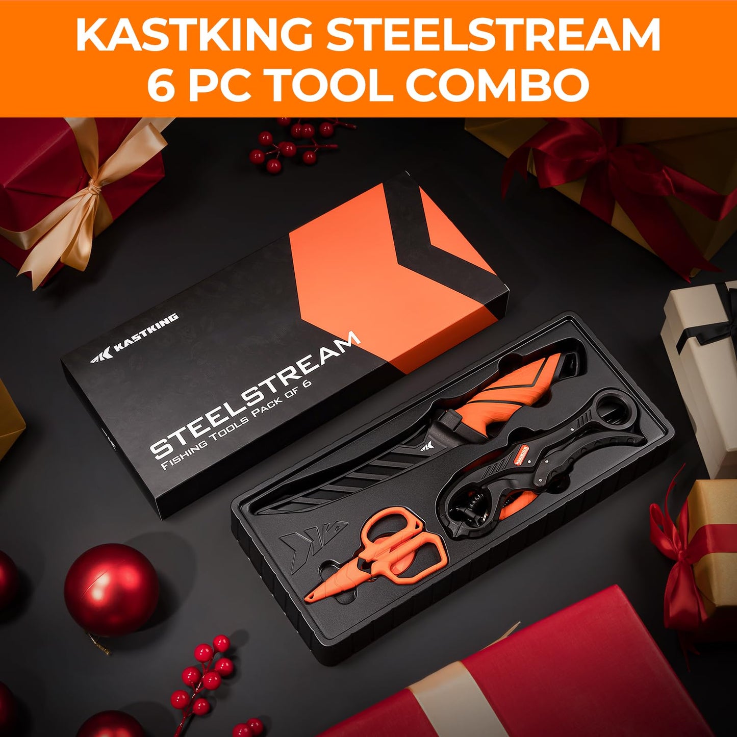 KastKing SteelStream 6pc Fishing Tool Kit - Corrosion Resistant Fishing Pliers with Lanyard, Fillet Knife, Floating Fish Lip Gripper, Fishing Braid Scissors, Tool Retractor, Fishing Gifts for Men