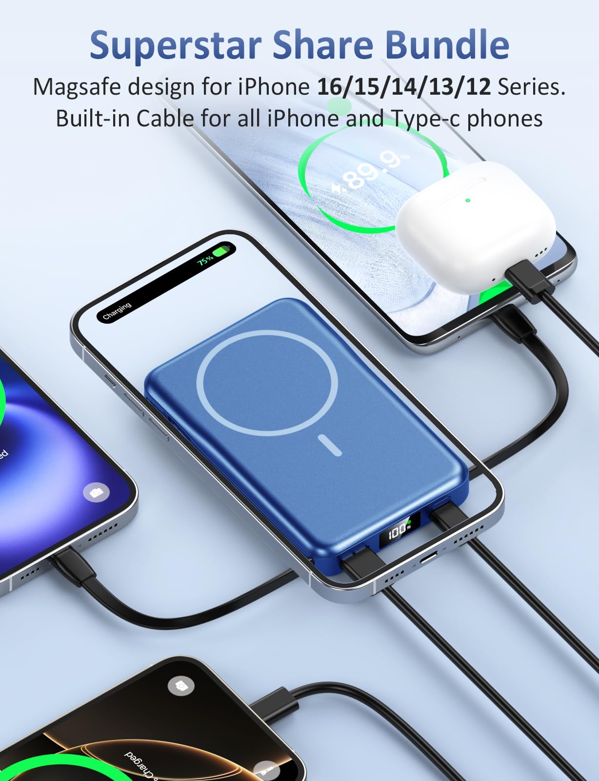 for Magsafe Battery Pack, Magnetic Portable Charger with Built in Cable, 10000mAh Power Bank, 20W Fast Charging Slim Travel Essential Battery Pack with LED Display, Compatible with iPhone 16/15/14/13