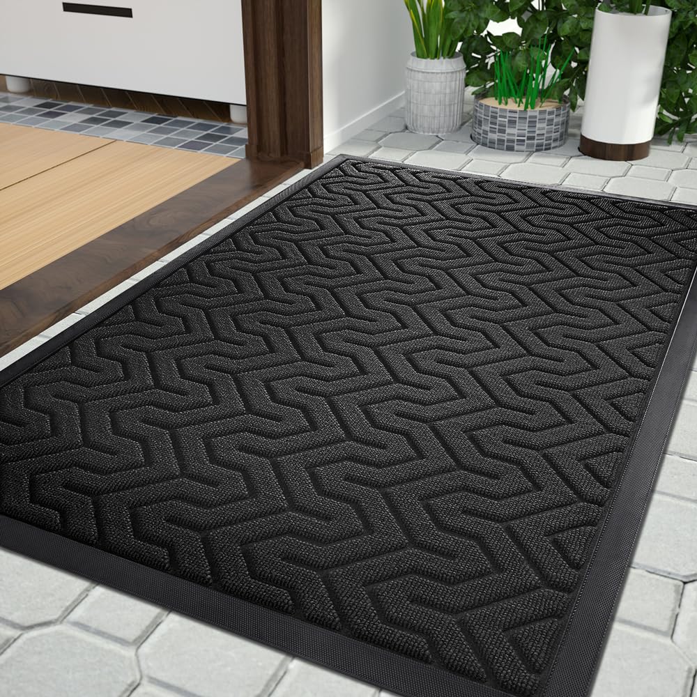 Yimobra Felpudo para puerta de entrada exterior, 29,5 x 17, impermeable, para interior y exterior, resistente, perfil bajo, antideslizante, fácil de limpiar, color negro