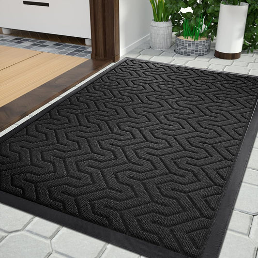 Tapis de porte d'entrée extérieur Yimobra, 29,5 x 17, tapis de bienvenue extérieur intérieur imperméable, paillasson robuste, profil bas, tapis d'entrée de porche de garage antidérapant, facile à nettoyer, noir