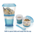 Contenedor de cereales para llevar, taza para desayuno, taza para leche, recipiente portátil para yogur y comida para llevar para viaje, con cuchara (azul)