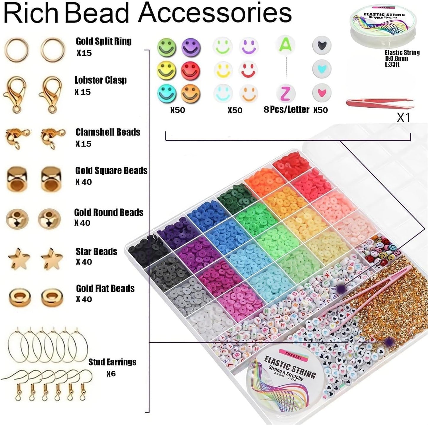 YMSDZHL 6000+PCS Clay Beads Bracelet Making Kit,24 Color DIY Flat Preppy Beads for Friendship Jewelry Making,Polymer Heishi Beads with Charms Gifts for Teen Girls Crafts for Ages 4-12