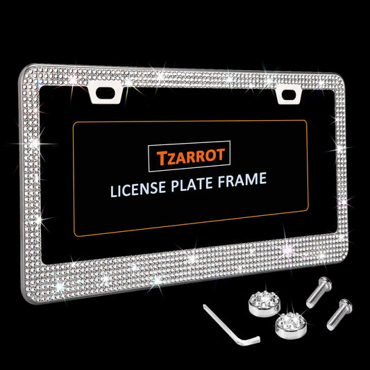 TZARROT Cadre de plaque d'immatriculation en strass blanc pour femmes et hommes, bordure fine en métal antirouille, accessoires de voiture pour femmes et filles