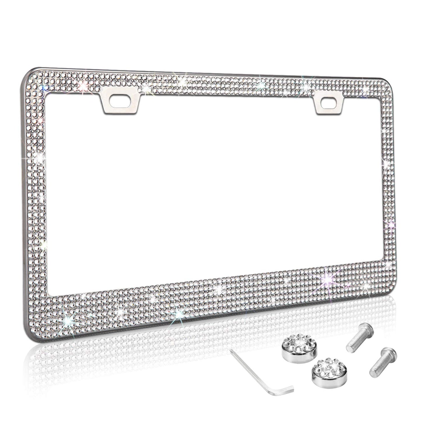 TZARROT Cadre de plaque d'immatriculation en strass blanc pour femmes et hommes, bordure fine en métal antirouille, accessoires de voiture pour femmes et filles