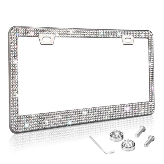 TZARROT Cadre de plaque d'immatriculation en strass blanc pour femmes et hommes, bordure fine en métal antirouille, accessoires de voiture pour femmes et filles