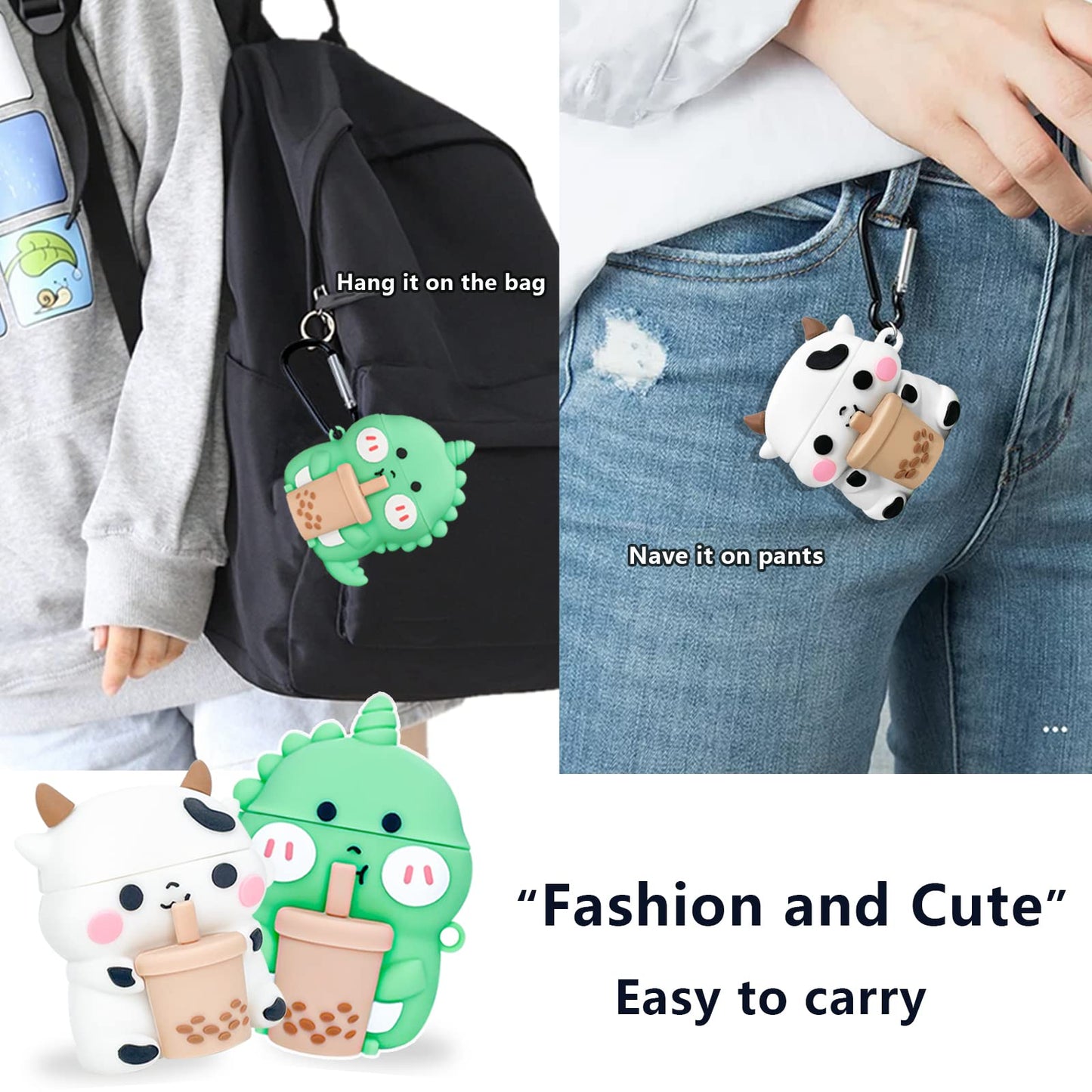 2 Pack for AirPods 2&1 Gen Case Cover, 3D Cute Funny Cartoon Boba Tea Cows & Boba Tea Dinosaurs Shape Apple Airpod Case Soft Silicone Skin with Keychain for Girls Boys Kids Teens (Cow+Dino)