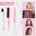 SWEET VIEW 3 Pcs Slick Back Hair Brush with Rat Tail Comb, Edge Brush, Bristle Brush, Teasing Brush Set for Sleek Ponytail/Bun, Edge Control and Smoothing Baby Hair & Flyaways - Pink