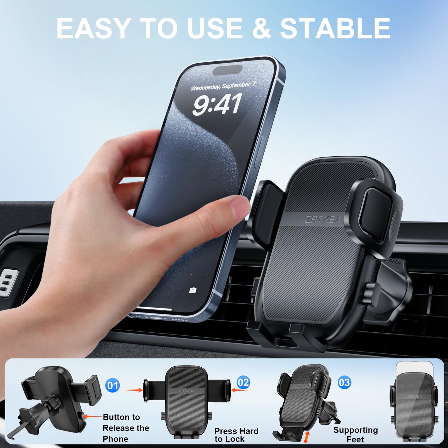 ZRTXBA Phone Holders for Your Car with Metal Hook Clip, Air Vent Cell Phone Car Mount 360° Rotation Car Phone Holder Universal Automobile Cradle Fit for iPhone Android and All Smartphones Dark Black