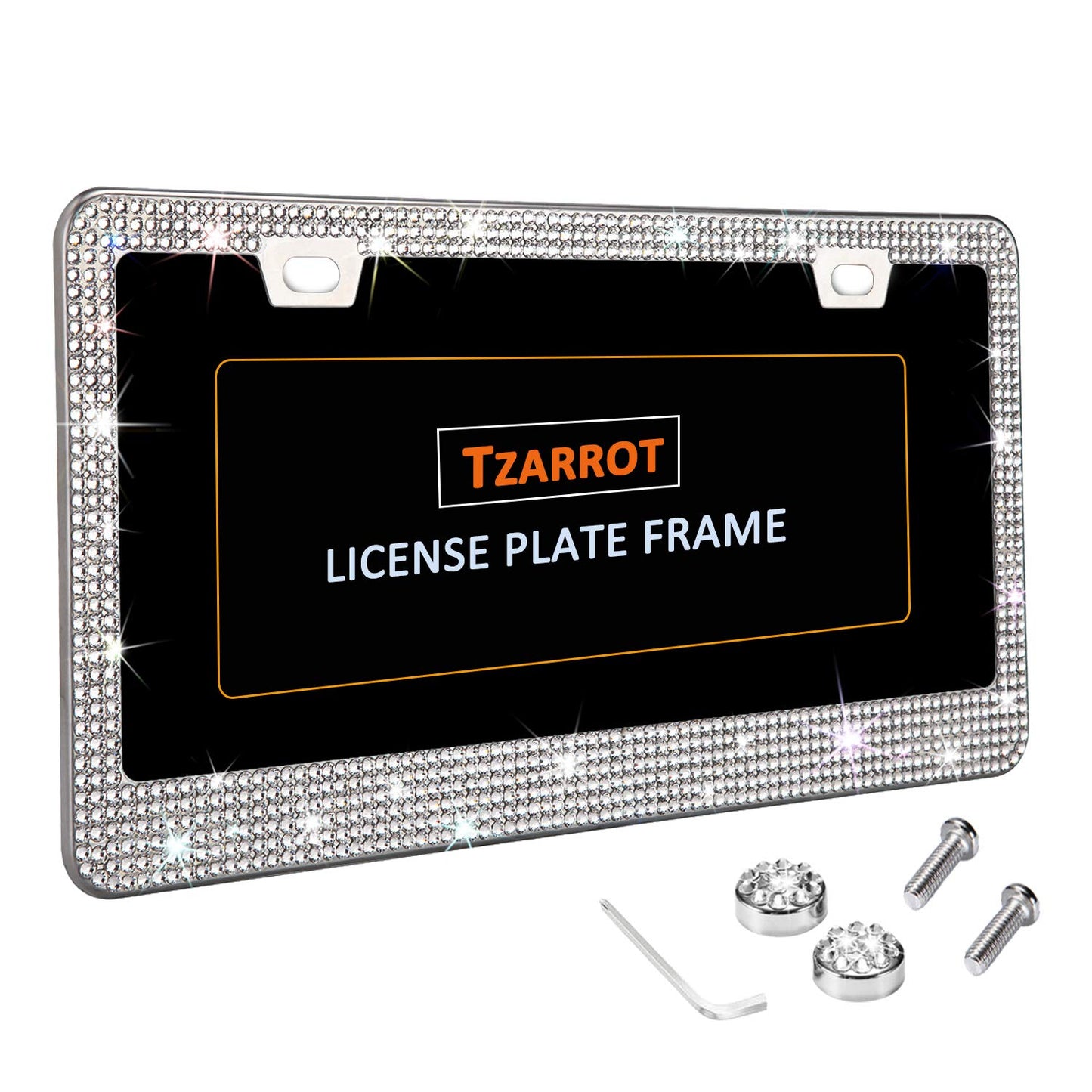 TZARROT Cadre de plaque d'immatriculation en strass blanc pour femmes et hommes, bordure fine en métal antirouille, accessoires de voiture pour femmes et filles