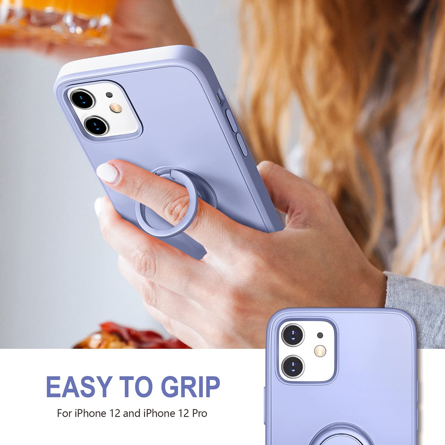 Funda para iPhone 12 y iPhone 12 Pro con soporte de anillo, soporte de anillo giratorio de 360°, soporte magnético, funda protectora de goma a prueba de golpes para teléfono con forro interior de microfibra, violeta claro