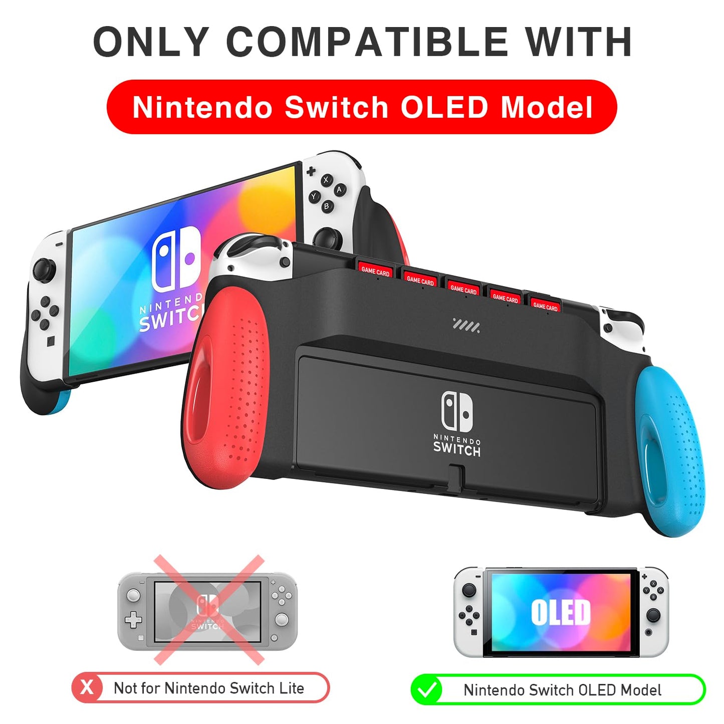 Estuche MEQI Grip compatible con Nintendo Switch OLED, diseño único mejorado con 5 ranuras para juegos, agarre cómodo y ergonómico, accesorios para Switch