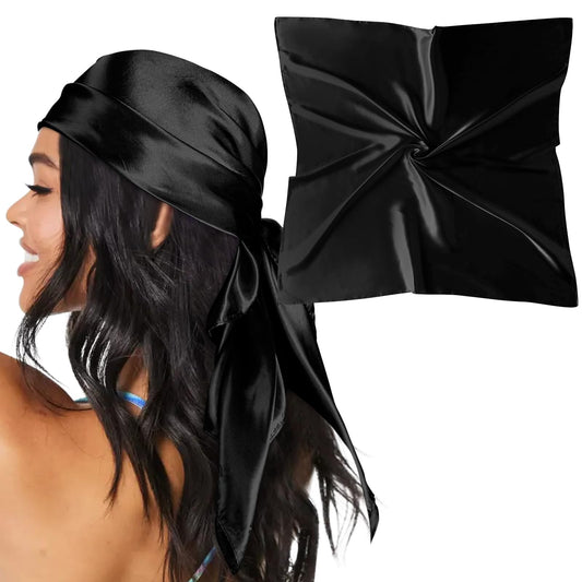 Zeiniua 35" Large Satin Head Scarf for Women Silk Hair Scarf Solid Color Hair Bandana for Night Hair Wrap Sleeping (Black)