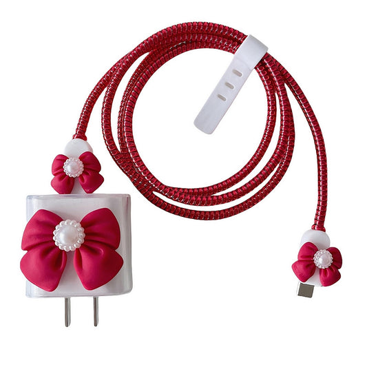 BayuCagou 5 in 1 DIY Charger Cord Protector for iPhone Charger,3D Butterfly Bow Tie with Pearl Design Charger Cable Protector for Women Girl,Charger Saver Lightning,Cable Charger Protector Cover-Red