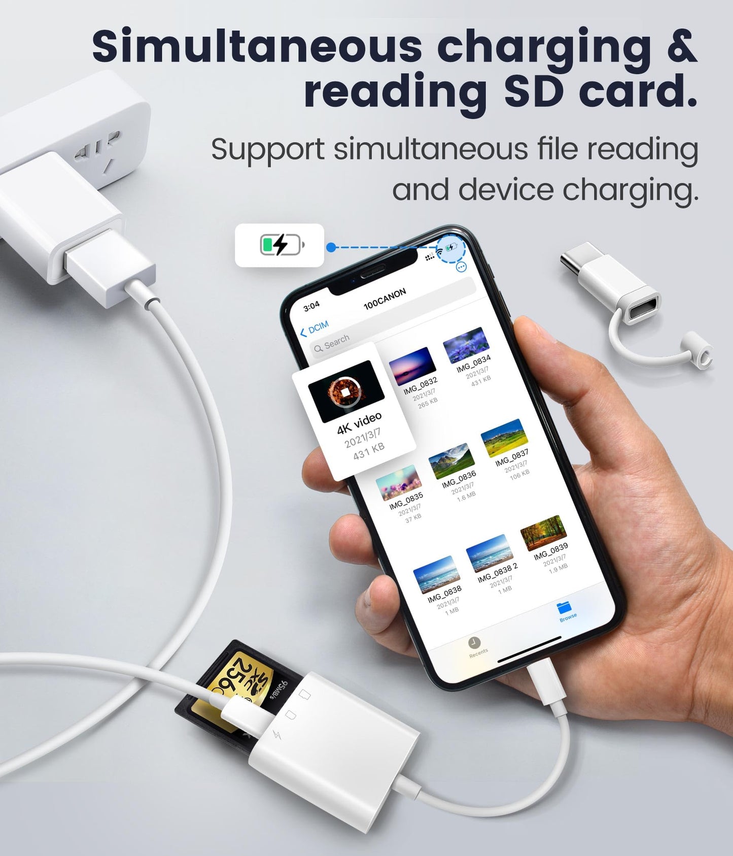 SD Card Reader for iPhone iPad, Oyuiasle Digital Trail Camera SD Card Viewer with Dual Slot for MicroSD/SD, Lightening&USBC Dual-Connector Memory Card Adapter for Photography, Plug and Play