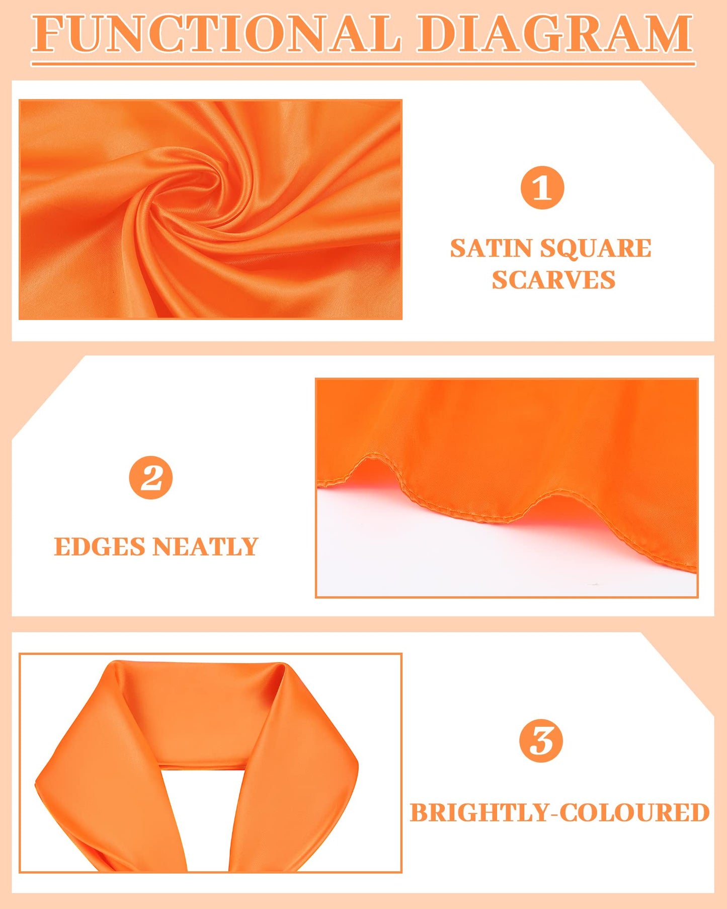 Foulard en soie Foulard en soie Grand foulard carré Foulard de costume d'Halloween Mouchoir en satin Rétro pour femme Homme (Orange, 35 pouces)