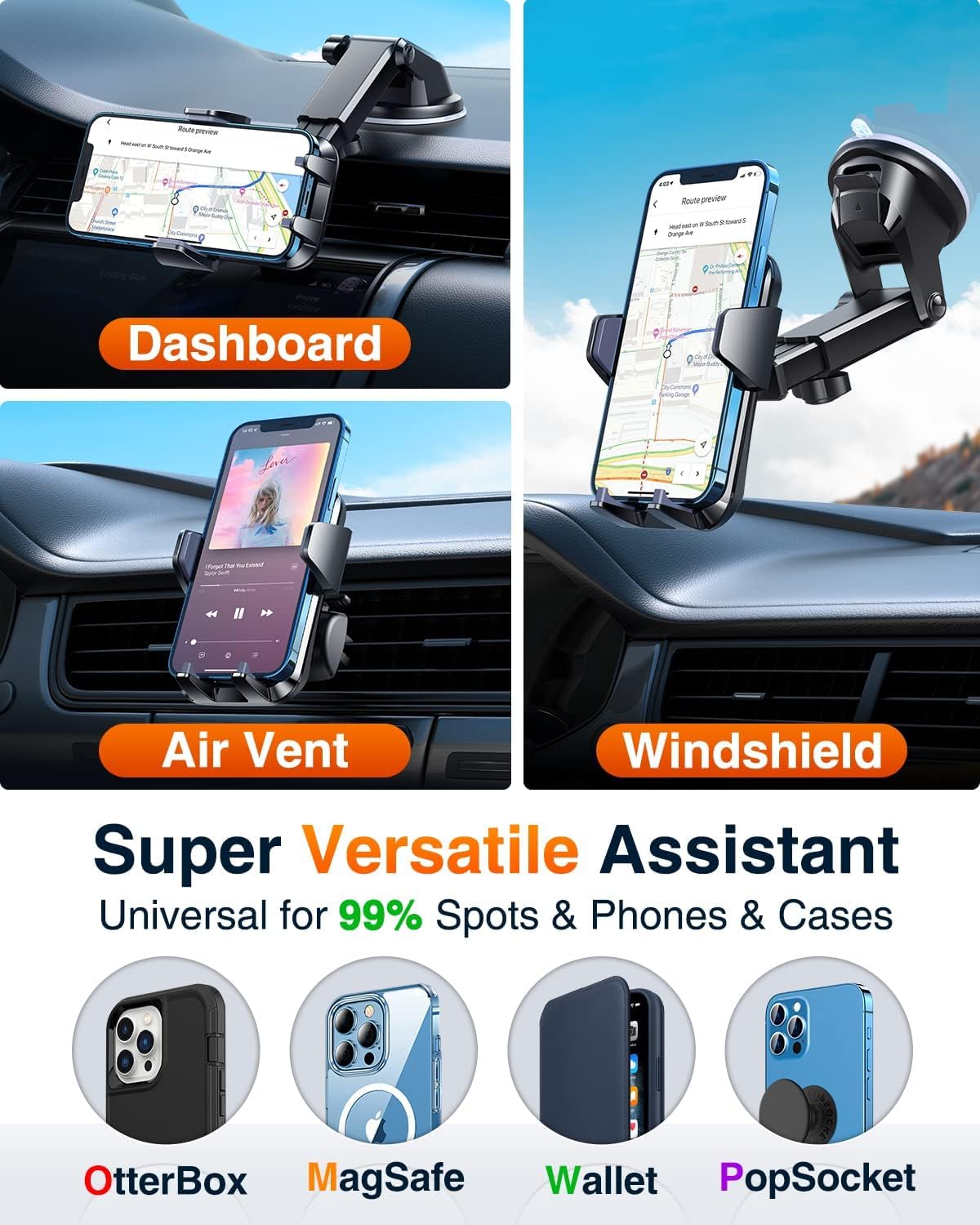 VANMASS 2024 Best Car Phone Holder [Upgraded Durable & Stable] Cell Phone Car Mount for Dashboard Windshield Vent, Suction Phone Stand Automobile Cradles for iPhone 16 Pro Max 15 14 13 12 11 Android