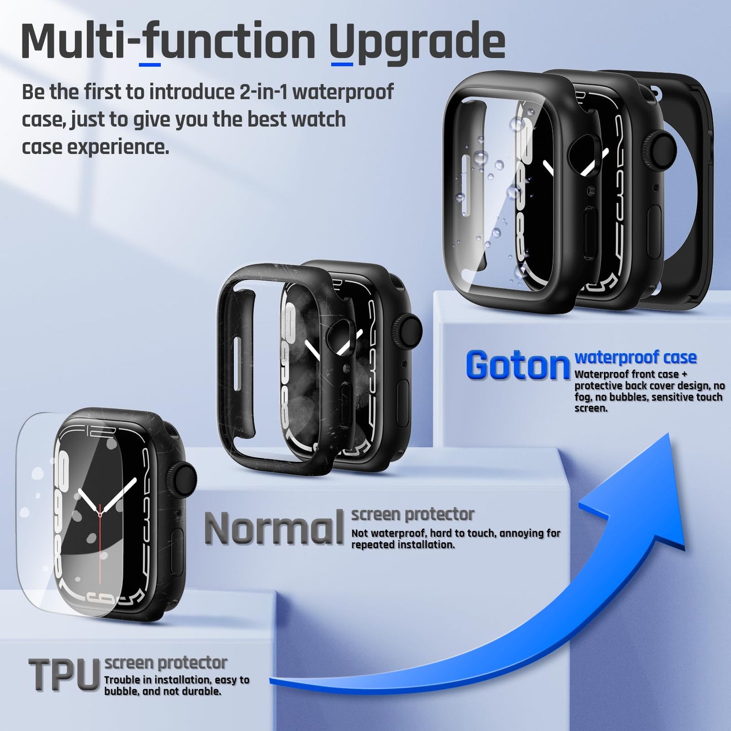 2-Pack Goton Waterproof Apple Watch Case for Series 9 8 7 Screen Protector 45mm, 360 Protective Glass Face Cover + Back Bumper for iWatch Accessories 45 mm