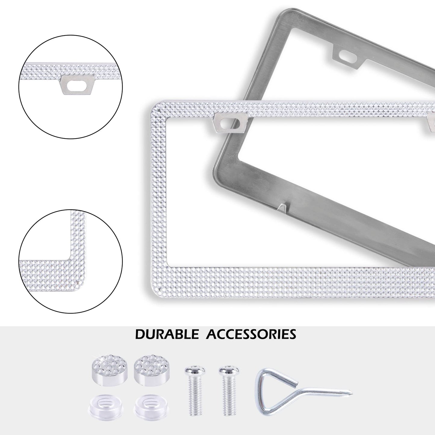 Alpmosn Bling Cadre de plaque d'immatriculation, cadres de plaque d'immatriculation scintillants pour femmes, 1 cadre de plaque d'immatriculation en acier inoxydable cristal, accessoires de voiture universels (blanc)